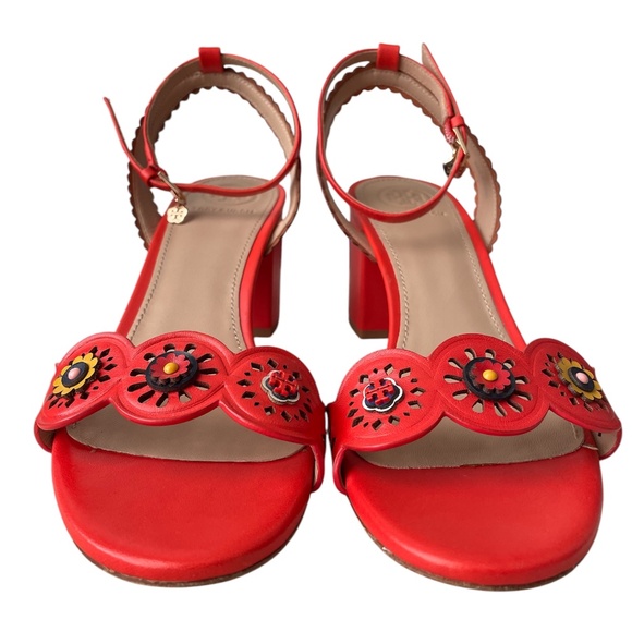 Tory Burch Marguerite Perforated Chunk Heel Sandal Size 7M Orange Floral - Picture 3 of 9